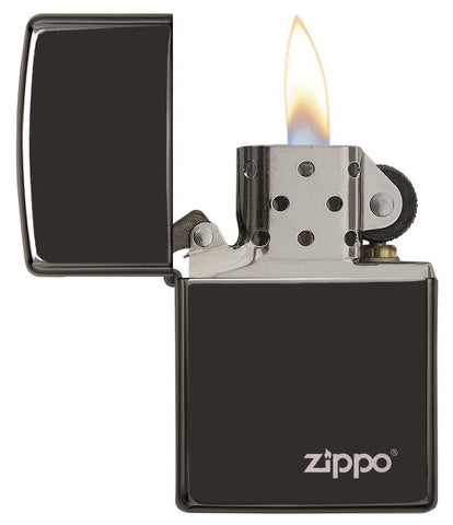 Classic High Polish Black Zippo Logo Windproof Lighter with its lid open and lit.