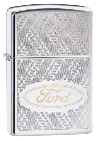 Front view of Ford High Polish Chrome Windproof Lighter standing at a 3/4 angle