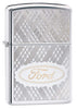 Front view of Ford High Polish Chrome Windproof Lighter standing at a 3/4 angle