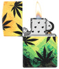Cannabis Design 540 Color Windproof Lighter with its lid open and lit.