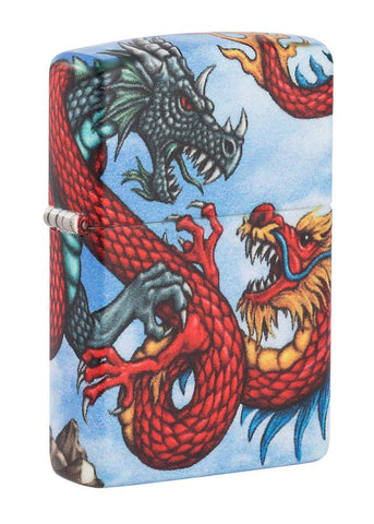Front shot of Dragon Design 540 Color Windproof Lighter standing at a 3/4 angle
