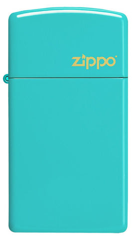 Front shot of Zippo Slim Flat Turquoise Zippo Logo Pocket Lighter.