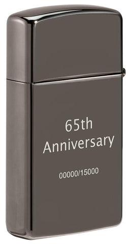 Back shot of Slim® Black Ice® 65th Anniversary Collectible Windproof Lighter standing at a 3/4 angle.