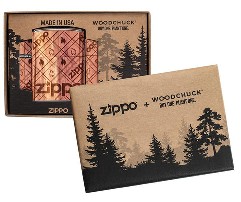 WOODCHUCK USA Zippo Cedar Wrap Windproof Lighter in its Woodchuck packaging