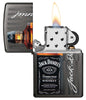 Jack Daniel's® Logo and Bottle Gray Windproof Lighter with its lid open and lit
