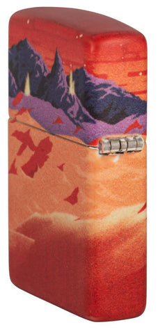 Mars 540 Color Design Windproof Lighter standing at an angle, showing the back and hinge side of the lighter.