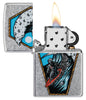 Reaper Surfer Design Street Chrome™ Windproof Lighter with its lid open and lit.