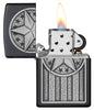 American Metal Emblem Black Matte Windproof Lighter with its lid open and lit.