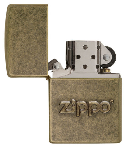 Zippo Stamp Antique Brass Lighter with its lid open and unlit