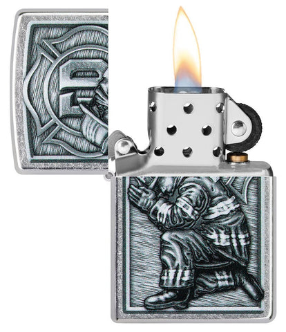 Firefighter Design Street Chrome™ Windproof Lighter with its lid open and lit.