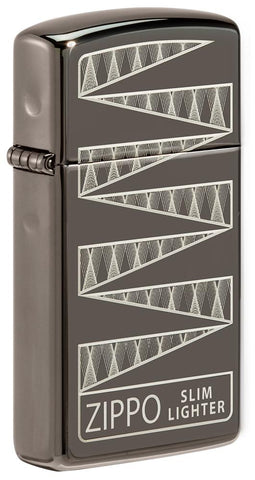 Front shot of Slim® Black Ice® 65th Anniversary Collectible Windproof Lighter standing at a 3/4 angle.