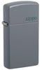 Front shot of Zippo Slim Flat Grey Zippo Logo Pocket Lighter standing at a 3/4 angle