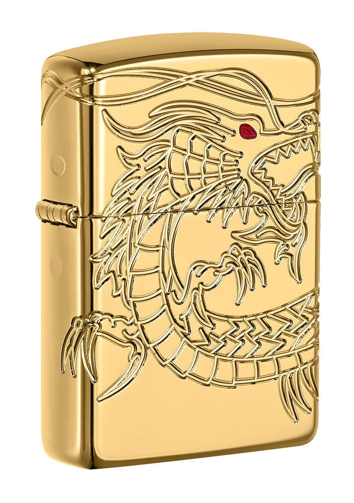 Front shot of Armor® Asian Dragon 360-Degree Gold-Plate Windproof Lighter standing at a 3/4 angle