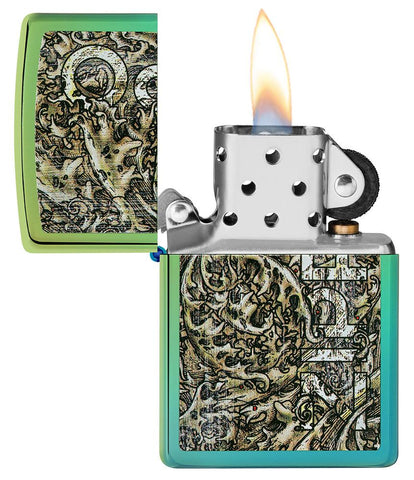 Zippo Design High Polish Teal Windproof Lighter with its lid open and lit