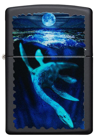 Front view of Black Light Loch Ness Design Black Matte Windproof Lighter.