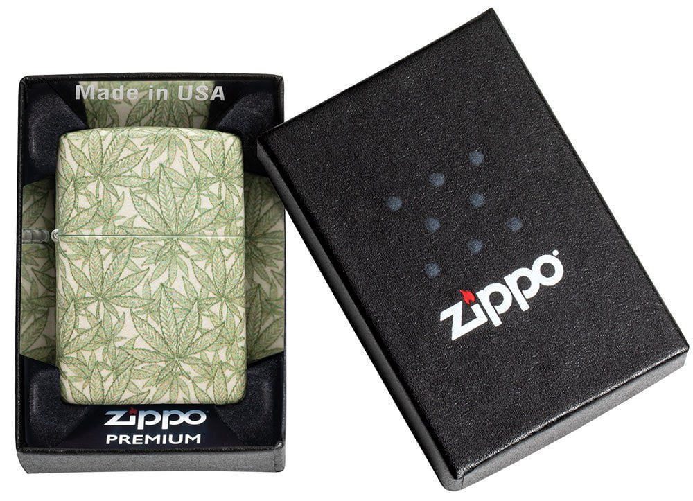 Cannabis Design 540 Color Leaves Windproof Lighter in its packaging.