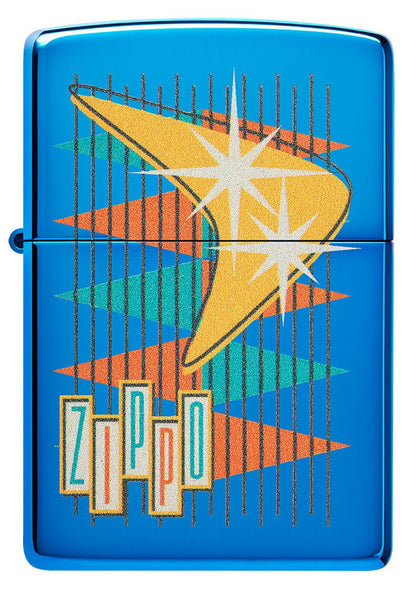 Front shot of Retro Zippo Design High Polish Blue Windproof Lighter.