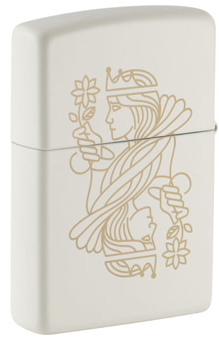Back  shot of King Queen Design White Matte Windproof Lighter standing at a 3/4 angle.