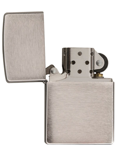 Front view of the Brushed Chrome Lighter open and unlit.