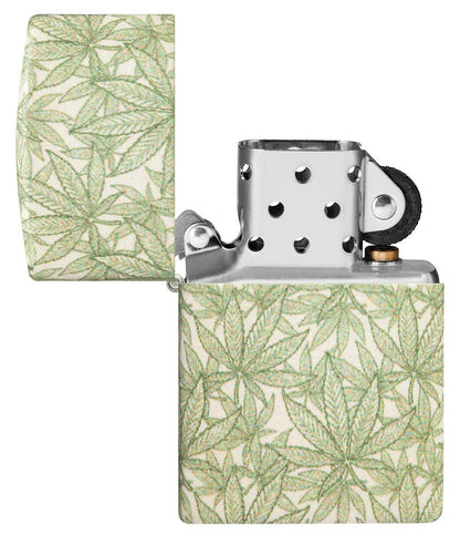 Cannabis Design 540 Color Leaves Windproof Lighter with its lid open and unlit.