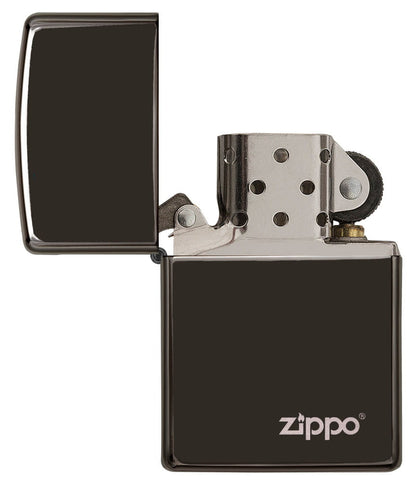 Classic High Polish Black Zippo Logo Windproof Lighter with its lid open and unlit.