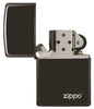 Classic High Polish Black Zippo Logo Windproof Lighter with its lid open and unlit.