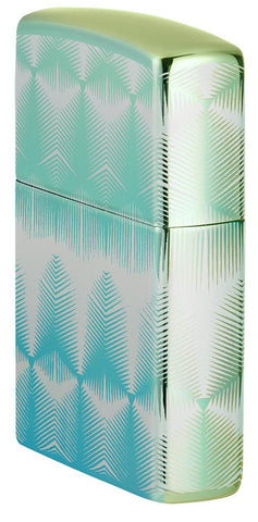Angled shot of Pattern Design High Polish Teal Windproof Lighter, showing the front and right side of the lighter.