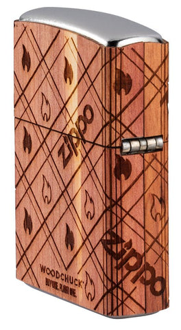 Angled shot of WOODCHUCK USA Zippo Cedar Wrap Windproof Lighter showing the back and hinge side of the lighter