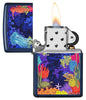 Sea Life Design Navy Matte Windproof Lighter with its lid open and lit