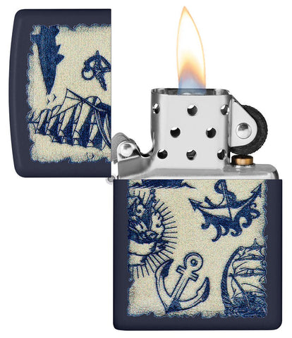Nautical Design Navy Matte Windproof Lighter with its lid open and lit.