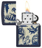 Nautical Design Navy Matte Windproof Lighter with its lid open and lit.