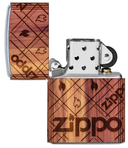 WOODCHUCK USA Zippo Cedar Wrap Windproof Lighter with its lid open and unlit