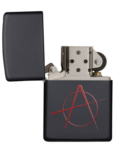 Red Anarchy Symbol on Black Matte Windproof Lighter with its lid open and unlit.