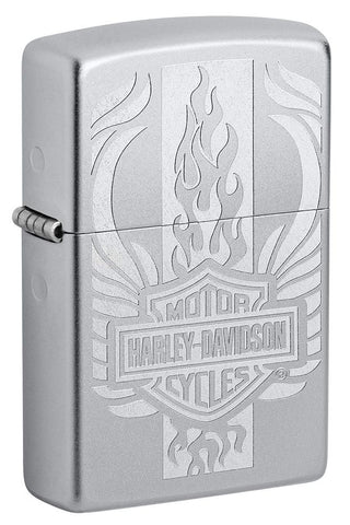 Front shot of Harley-Davidson® Luster Etch Satin Chrome Windproof Lighter standing at a 3/4 angle.
