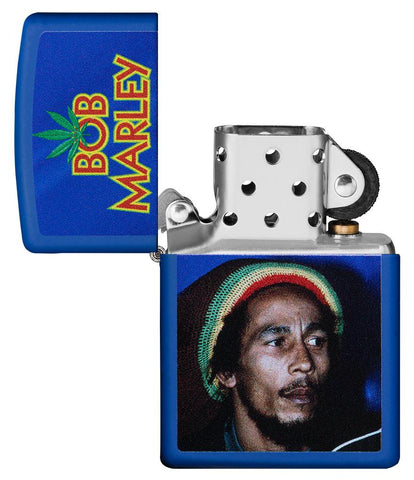Bob Marley Royal Blue Matte Windproof Lighter with its lid open and unlit
