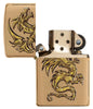 Dragon Design Brushed Brass Windproof Lighter with its lid open and unlit.