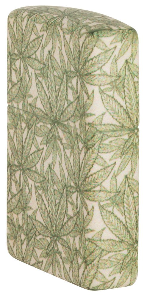 Angled shot of Cannabis Design 540 Color Leaves Windproof Lighter, showing the front and right side of the lighter.