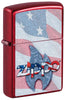 Front shot of Zippo Flag Design Candy Apple Red Windproof Lighter standing at a 3/4 angle.