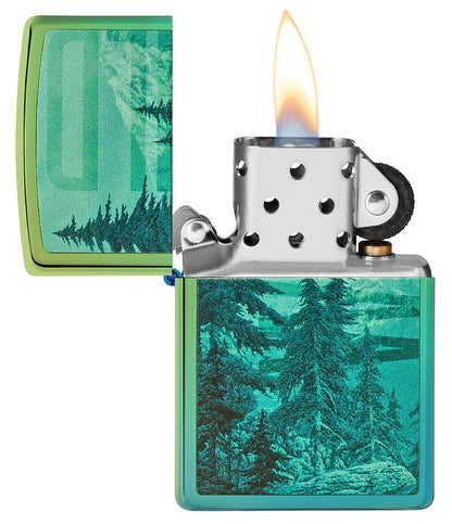 Mountain Design High Polish Teal Windproof Lighter with its lid open and lit