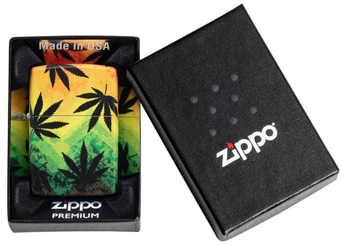 Cannabis Design 540 Color Windproof Lighter in its packaging.