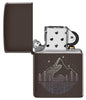 Mountain Design Brown Windproof Lighter with its lid open and unlit.