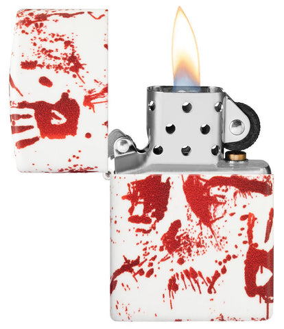 Bloody Hand Design 540 Color Windproof Lighter with its lid open and lit.