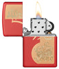 Year of the Tiger Design Red Matte Windproof Lighter with its lid open and lit.