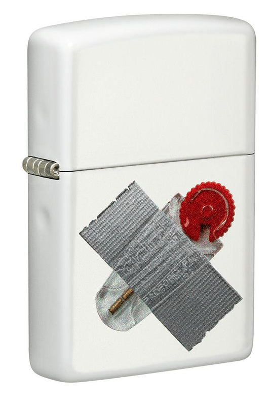 Front view of Taped Flint Dispenser Design White Matte Windproof Lighter standing at a 3/4 angle.