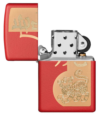 Year of the Tiger Design Red Matte Windproof Lighter with its lid open and unlit.