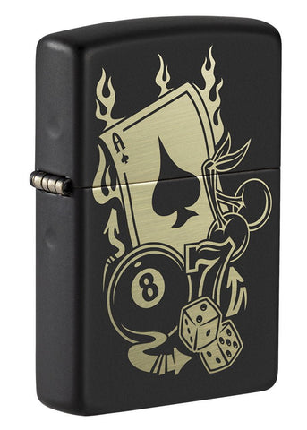 Front shot of Gambling Design Windproof Lighter standing at a 3/4 angle
