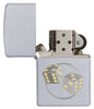 Dice Satin Chrome Windproof Lighter open and unlit.