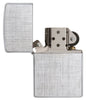 Front view of the Classic Linen Weave Finish Lighter with its lid open and unlit.