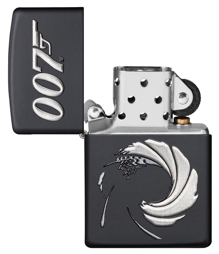 James Bond 007™ Texture Print Black Matte Windproof Lighter with its lid open and unlit