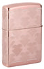 Back shot of Heart Design High Polish Rose Gold Windproof Lighter, standing at a 3/4 angle.